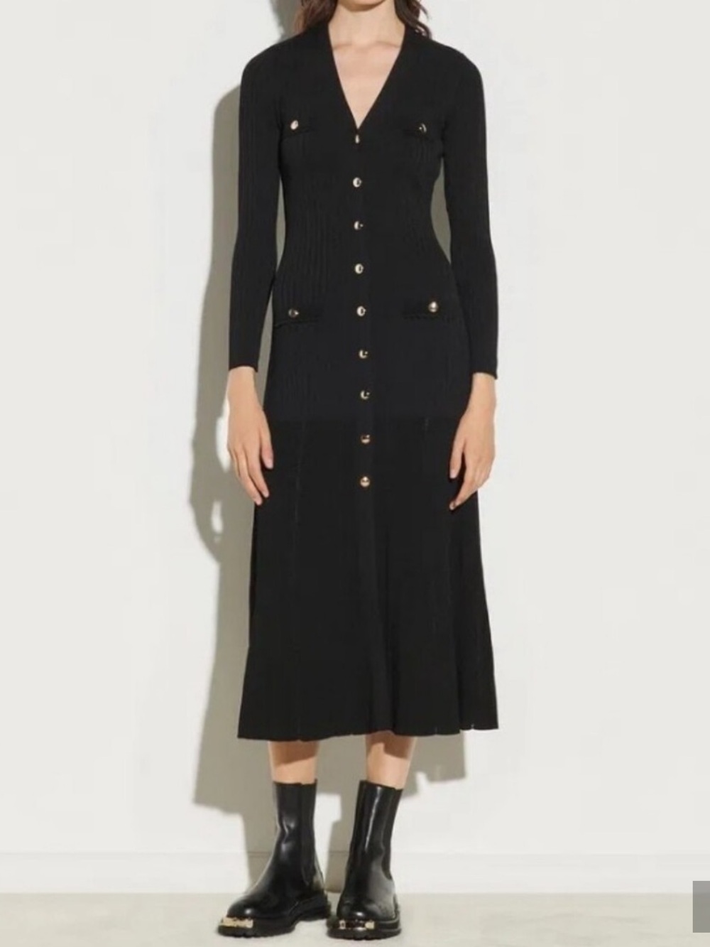 Sandro Black Long-Sleeve Button-Front Midi Dress with Gold Buttons